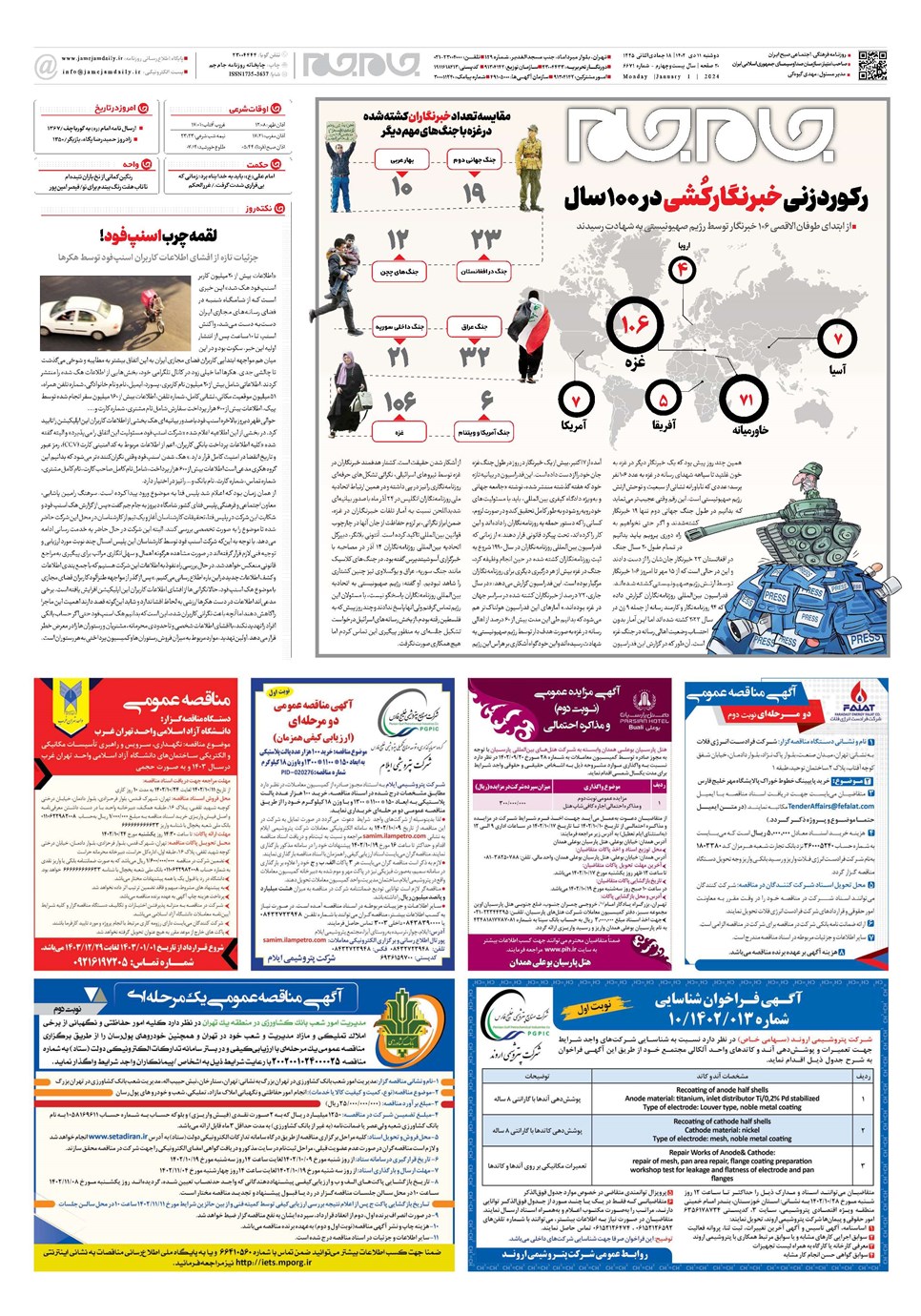 روزنامه تاریخ ۱۱ دی ۱۴۰۲